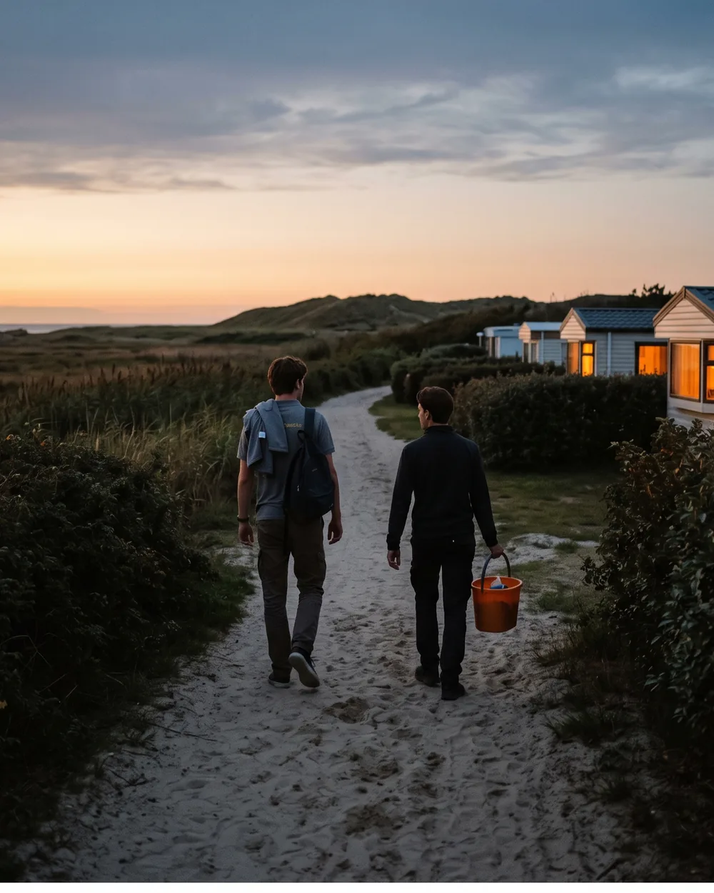 Two seasonal workers walking back along a sand path at dusk, past staff chalets with their lights on